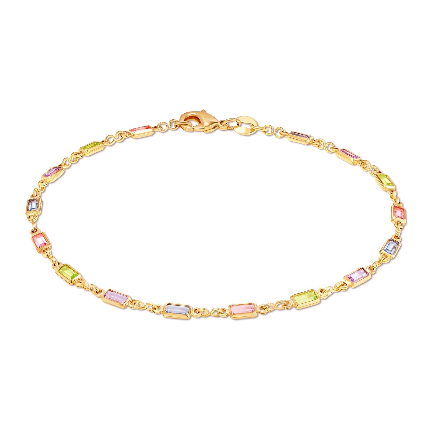 18K Gold Plated Light Multi Color Baguette Crystal Anklet